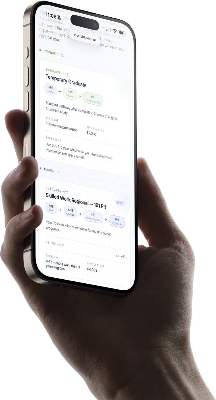 The Visafold PR pathway planner open on a phone, showing subclass 485 and 491 pathway cards